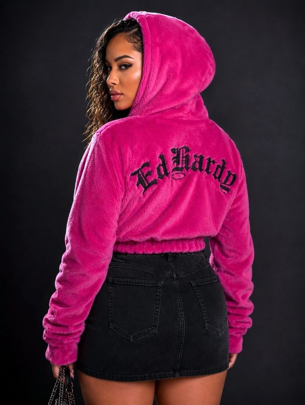 Ed Hardy | Tops | Nwt Ed Hardy Hot Pink Faux Fur Cropped Hoodie
